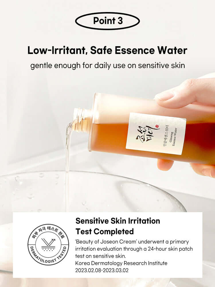 Beauty of Joseon Ginseng Essence Water 150ml in a bottle pouring into a bowl, highlighting low-irritant formula for sensitive skin.