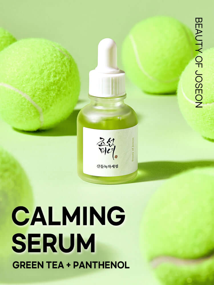 Beauty of Joseon Calming Serum: Green Tea + Panthenol 30ml in a vibrant setting with tennis balls.