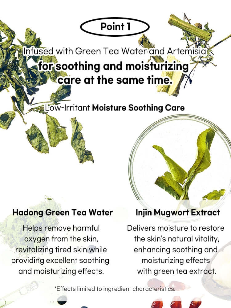 Infographic detailing benefits of hadong green tea water and injin mugwort extract in Beauty of Joseon Calming Serum.