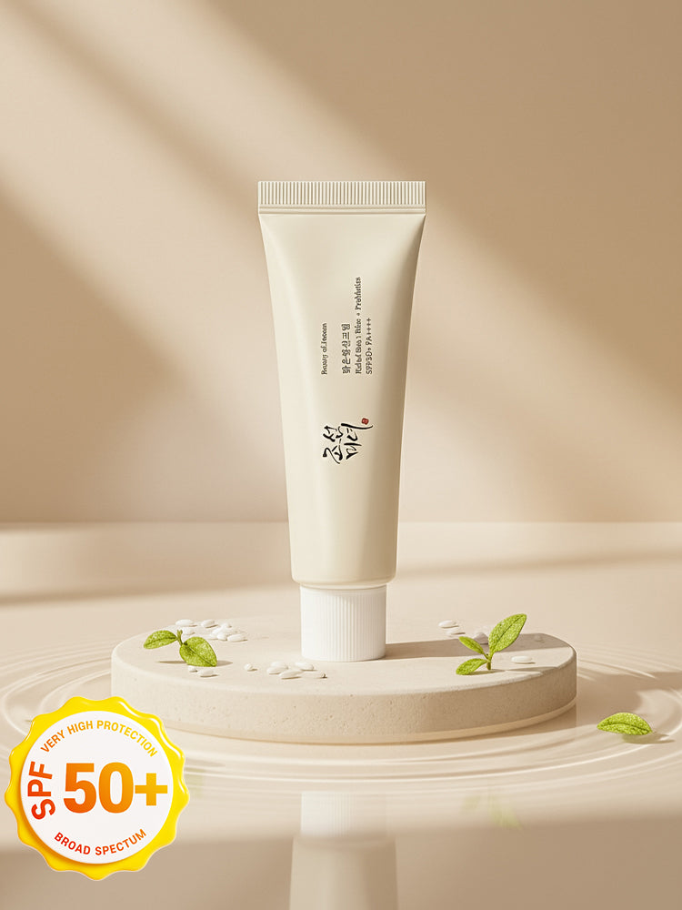 Beauty of Joseon Relief Sun : Rice + Probiotics 50ml SPF50+/PA++++ on a display with a natural background.