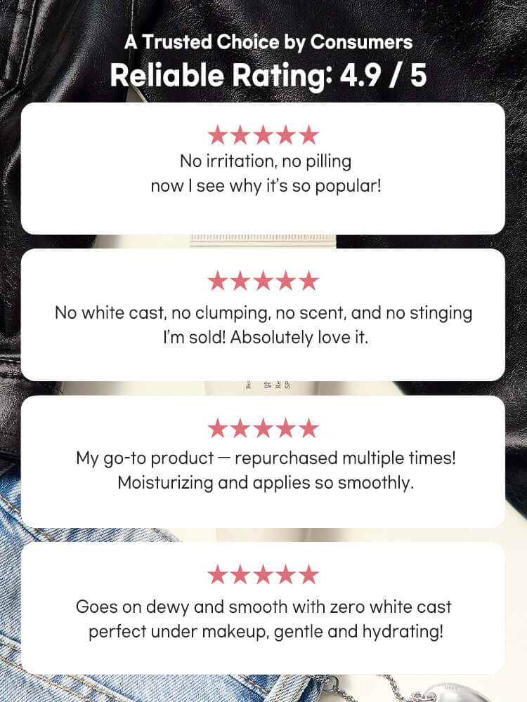 Beauty of Joseon Relief Sun reviews highlighting reliability and quality with 4.9/5 rating.