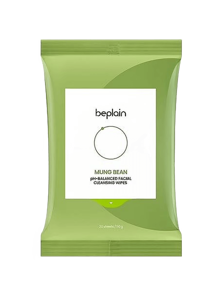BEPLAIN Mung Bean pH-Balanced Facial Cleansing Wipes 20sheet in a green packaging for gentle cleansing.