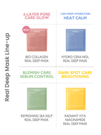 Real Deep Mask Line-up featuring BIODANCE Hydro Cera-nol Real Deep Mask and other products for various skin concerns.