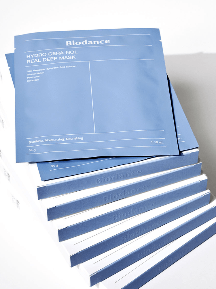 BIODANCE Hydro Cera-nol Real Deep Mask 34g, soothing and moisturizing skincare mask, 4 pieces in packaging.