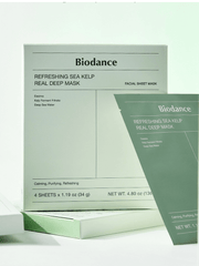 BIODANCE Refreshing Sea Kelp Real Deep Mask packaging and facial sheet mask displayed in a clean setting.