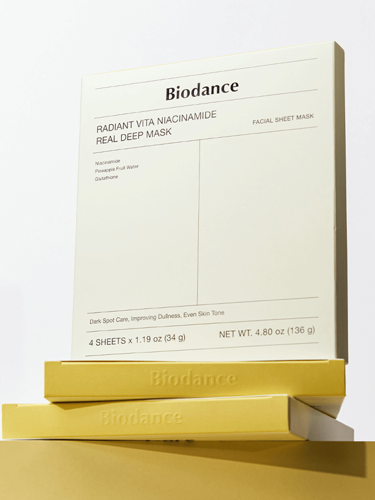 BIODANCE Radiant Vita Niacinamide Real Deep Mask packaging with sheets, facial mask for brightening and skin improvement.