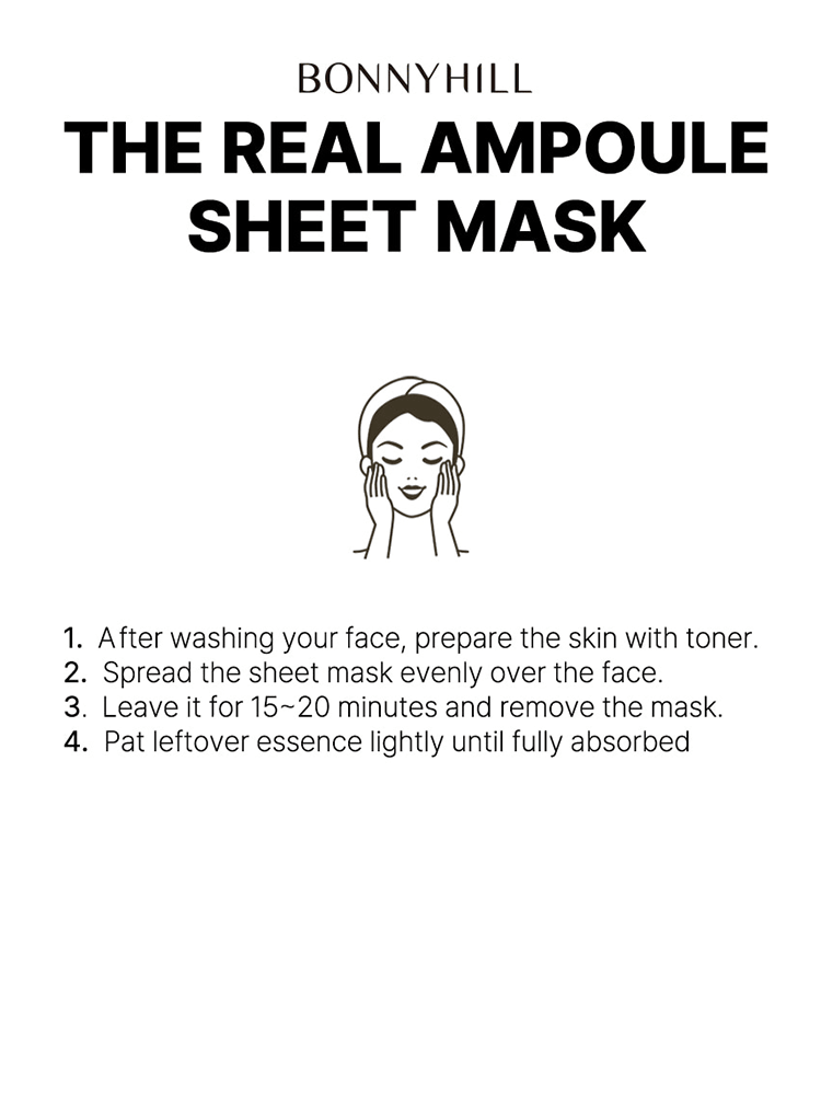 BONNYHILL The Real Ampoule Mask Sheet instructions showing how to use the sheet mask for skin care.