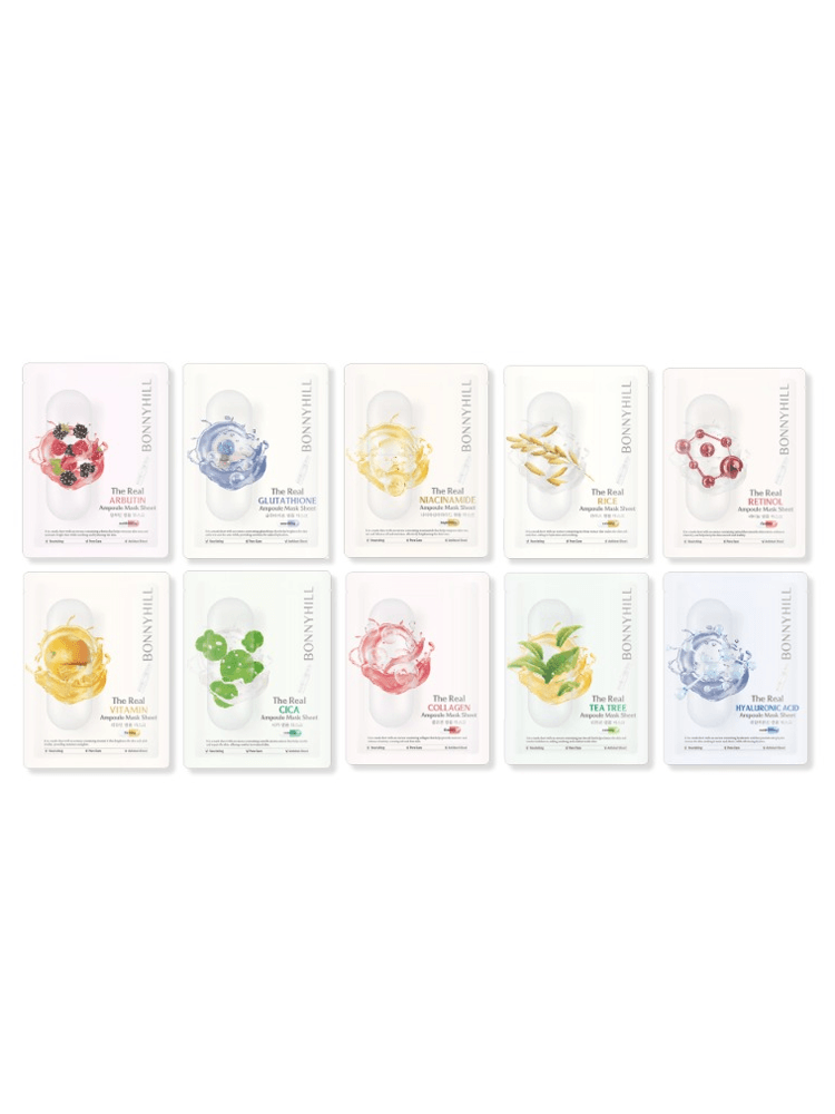 BONNYHILL The Real Ampoule Mask Sheet 23g package design featuring 10 different mask options with various key ingredients.