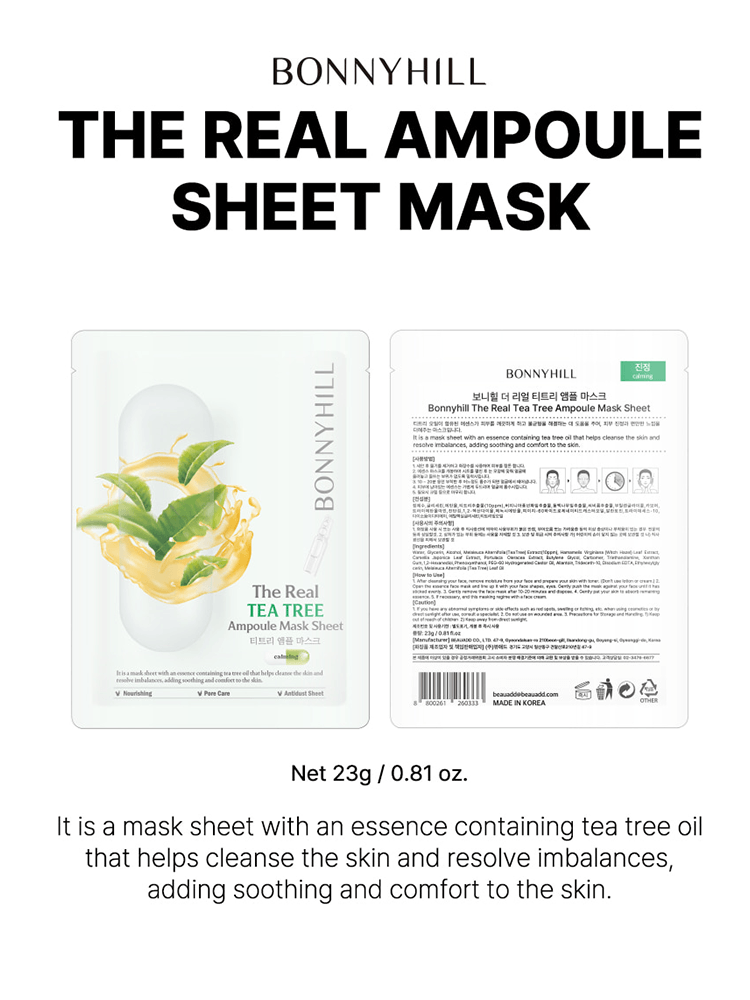 BONNYHILL The Real Ampoule Mask Sheet featuring tea tree essence for skin cleansing and comfort.