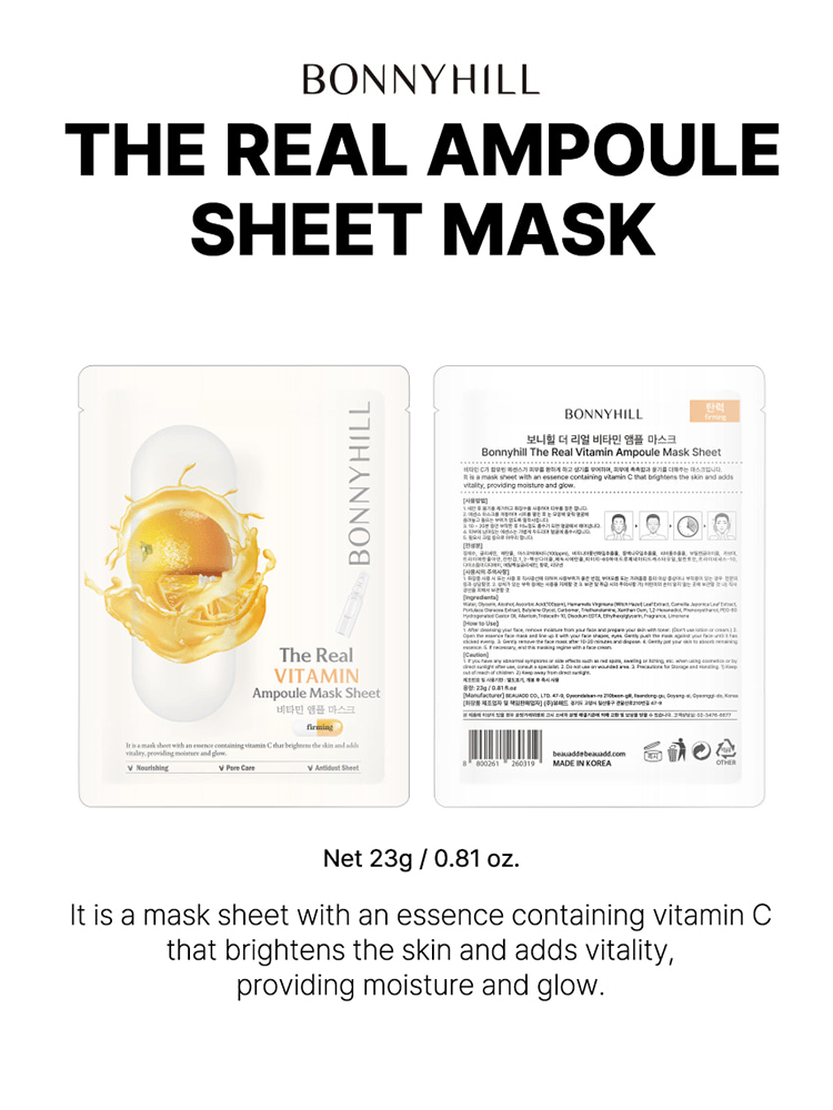 BONNYHILL The Real Ampoule Mask Sheet featuring a Vitamin C essence sheet mask for skin hydration and vitality.
