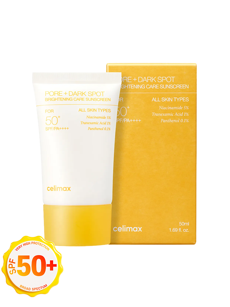 CELIMAX PORE+DARK Spot Brightening Care Sunscreen 50ml SPF50+/PA++++ with packaging and product details.