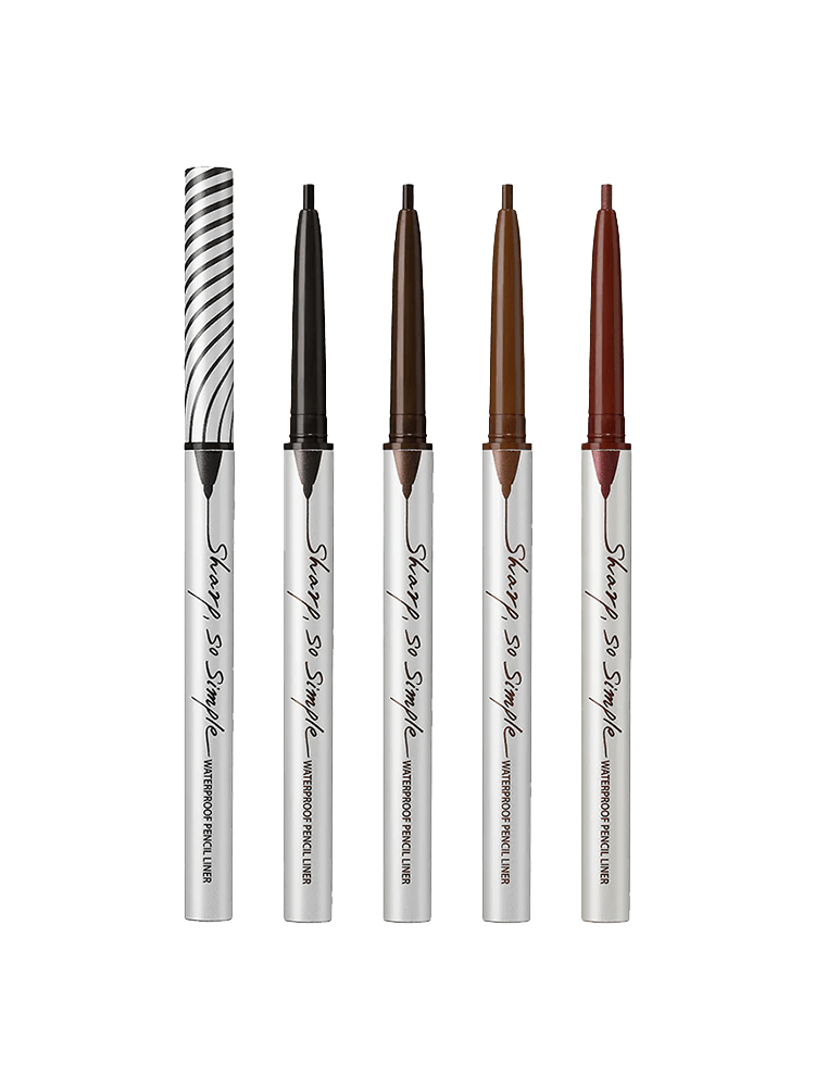 CLIO Sharp So Simple Waterproof Pencil Liner set of five colors arranged side by side.