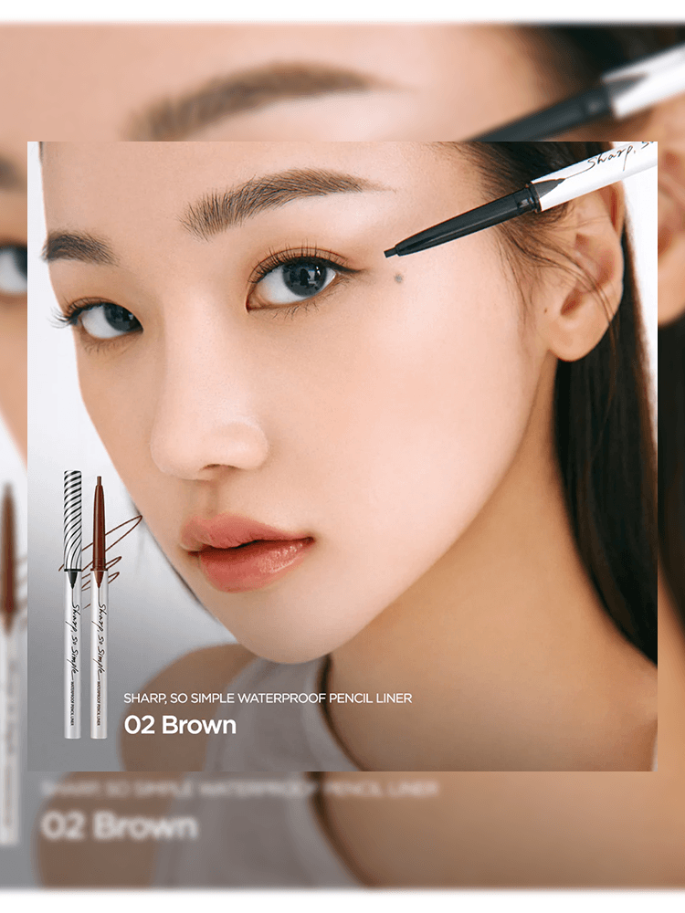 CLIO Sharp So Simple Waterproof Pencil Liner in shade 02 Brown displayed next to model applying the pencil liner.