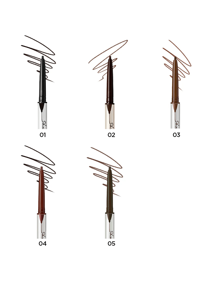 CLIO Sharp So Simple Waterproof Pencil Liner shades 01, 02, 03, 04, and 05 with swatches.
