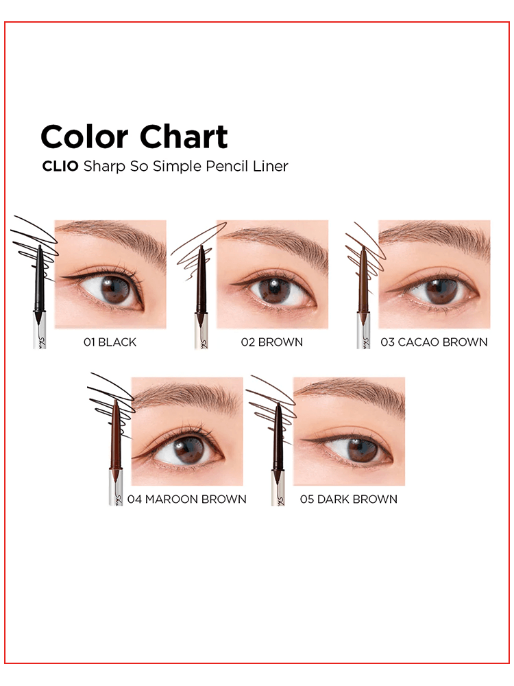 Color chart featuring CLIO Sharp So Simple Waterproof Pencil Liner shades: 01 Black, 02 Brown, 03 Cacao Brown, 04 Maroon Brown, 05 Dark Brown.