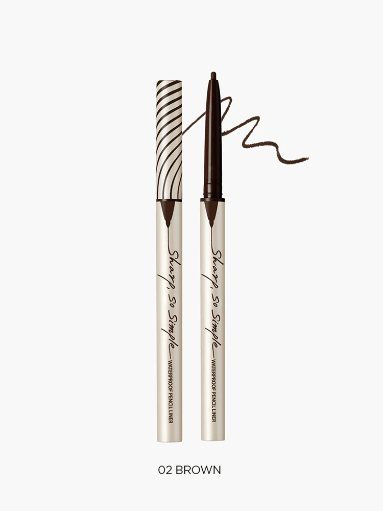 CLIO Sharp So Simple Waterproof Pencil Liner in 02 Brown with a sleek applicator and a swatch.