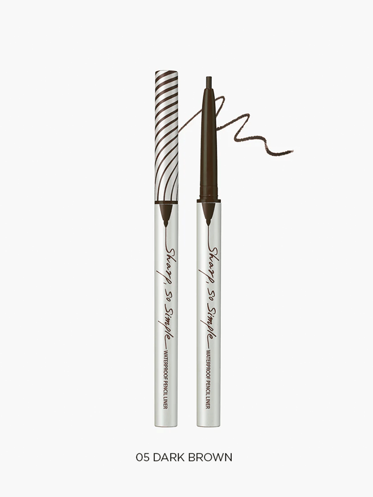 CLIO Sharp So Simple Waterproof Pencil Liner in 05 Dark Brown with pencil and swatch.