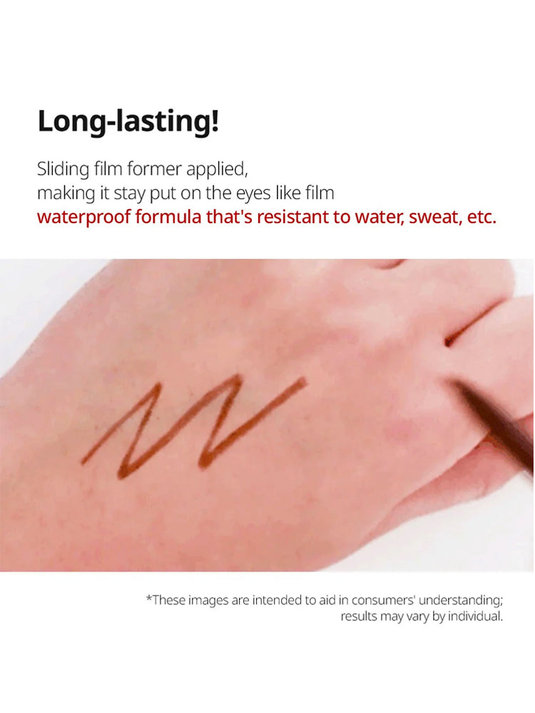 CLIO Sharp So Simple Waterproof Pencil Liner swatched on skin showing long-lasting, waterproof formula resistant to water and sweat.