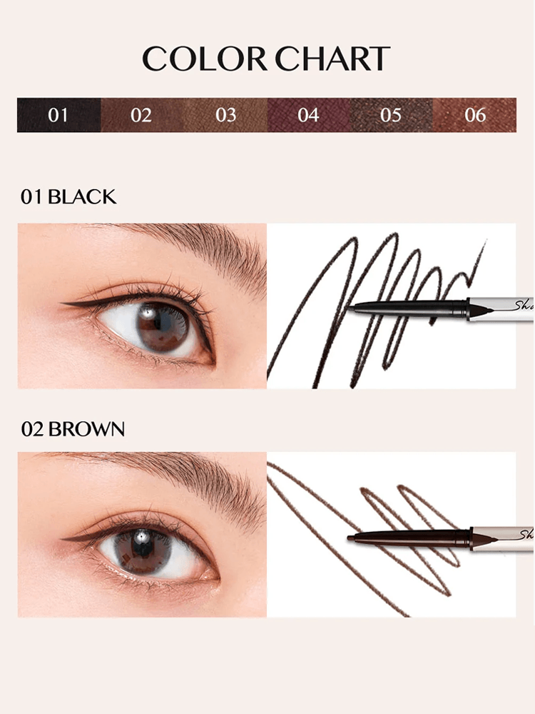 Color chart for CLIO Sharp So Simple Waterproof Pencil Liner showing shades 01 Black and 02 Brown.