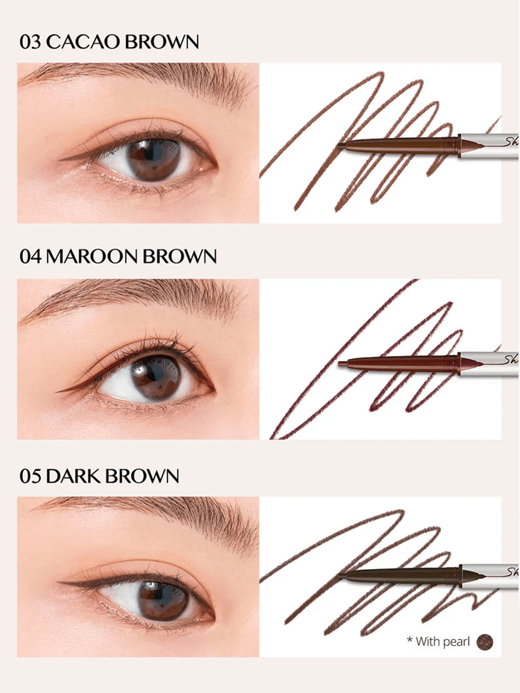 Image showing CLIO Sharp So Simple Waterproof Pencil Liner swatches in Cacao Brown, Maroon Brown, and Dark Brown.