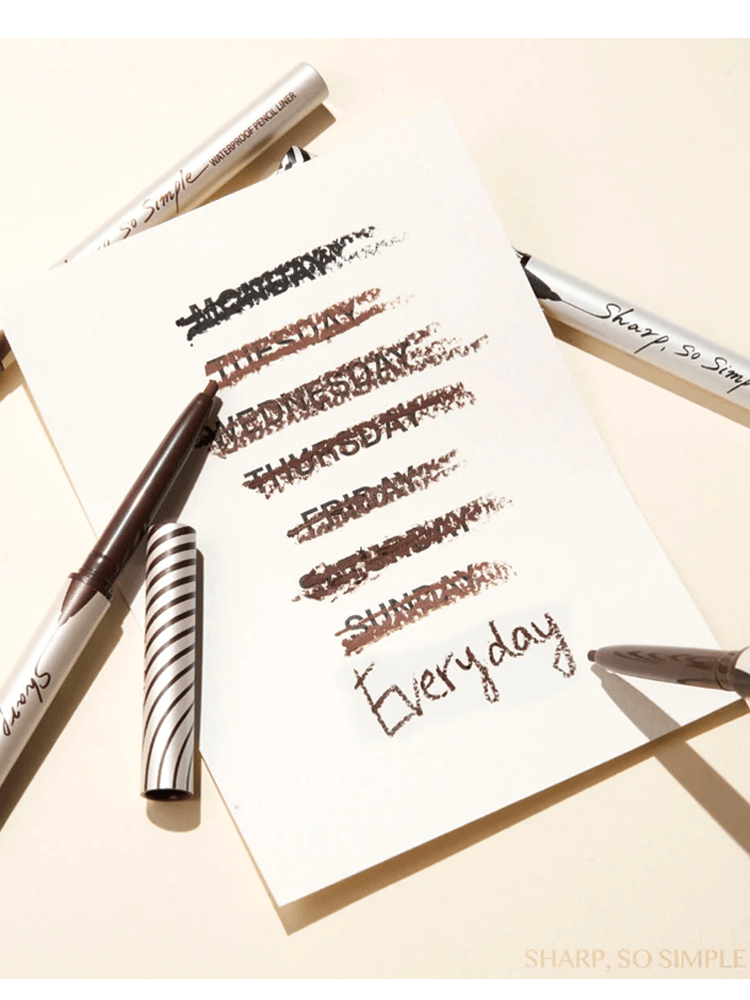 CLIO Sharp So Simple Waterproof Pencil Liner shown with various swatches on paper and product packaging