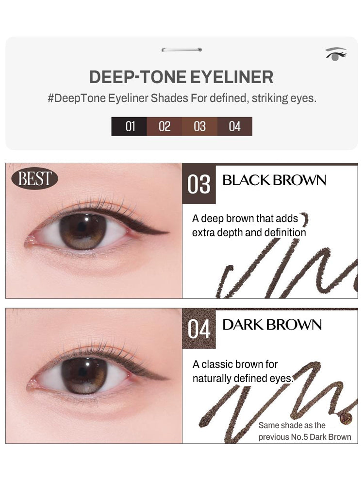 CLIO Sharp So Simple Waterproof Pencil Liner Image of deep-tone eyeliners, featuring shades Black Brown and Dark Brown for defined, striking eyes.