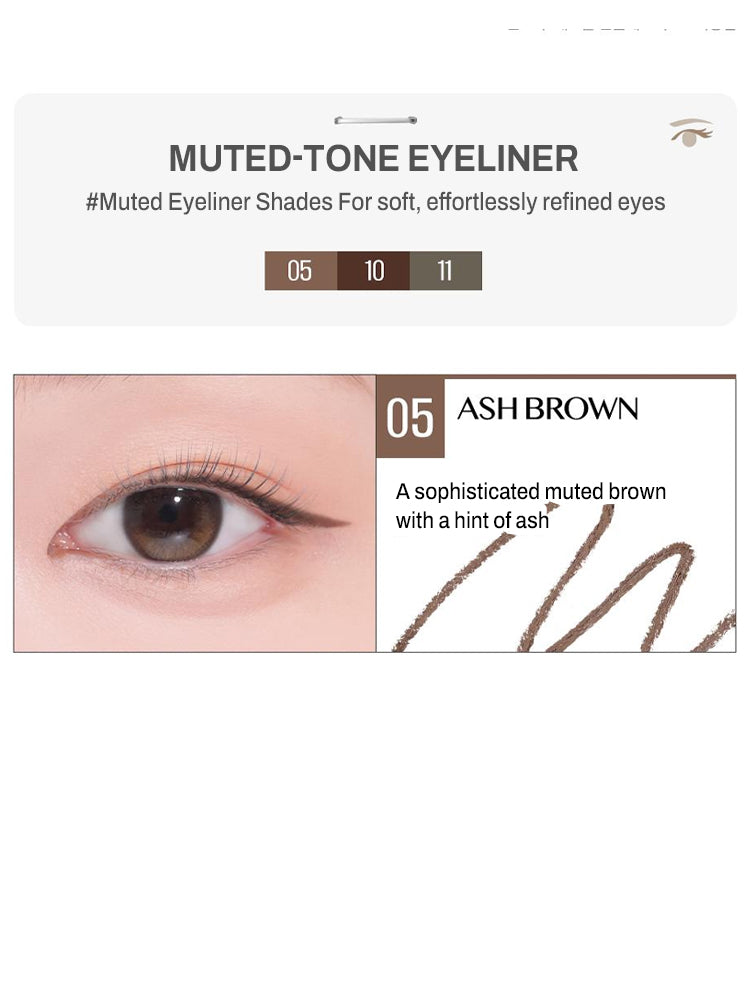 CLIO Sharp So Simple Waterproof Pencil Liner in Ash Brown shade, showcasing a refined eye look with precise eyeliner application.