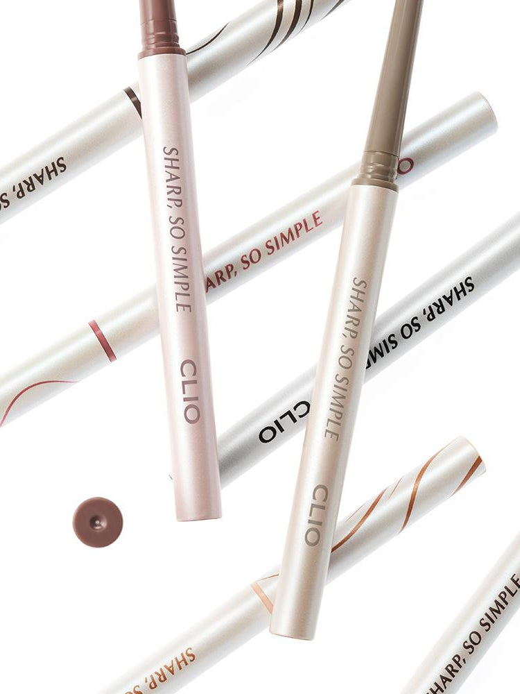 CLIO Sharp So Simple Waterproof Pencil Liner displayed with various shades on a white background.
