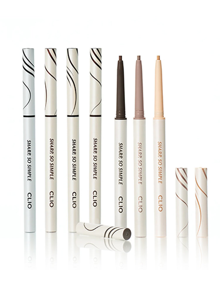 CLIO Sharp So Simple Waterproof Pencil Liner collection showing various colors and ultra-slim tips for precise application.