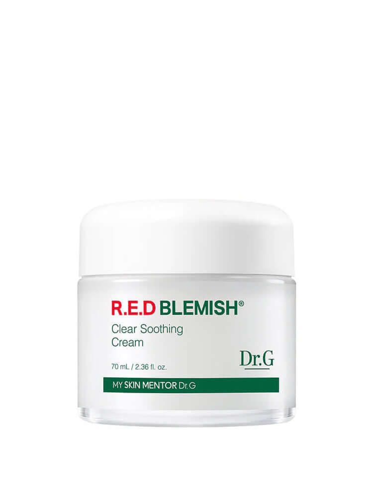 DR.G R.E.D Blemish Clear Soothing Cream 70ml in a white jar with a clear lid showcasing the product label.