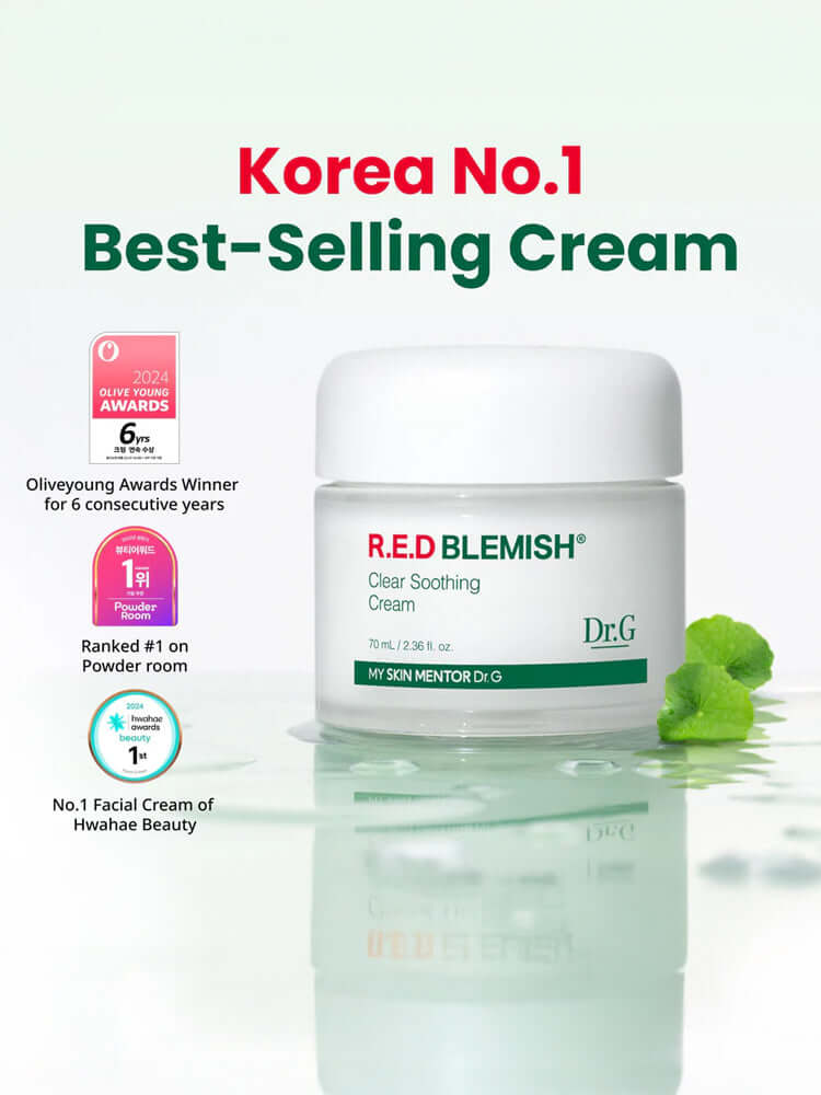 DR.G R.E.D Blemish Clear Soothing Cream 70ml in a jar, highlighted as Korea's No.1 best-selling cream with awards and accolades.