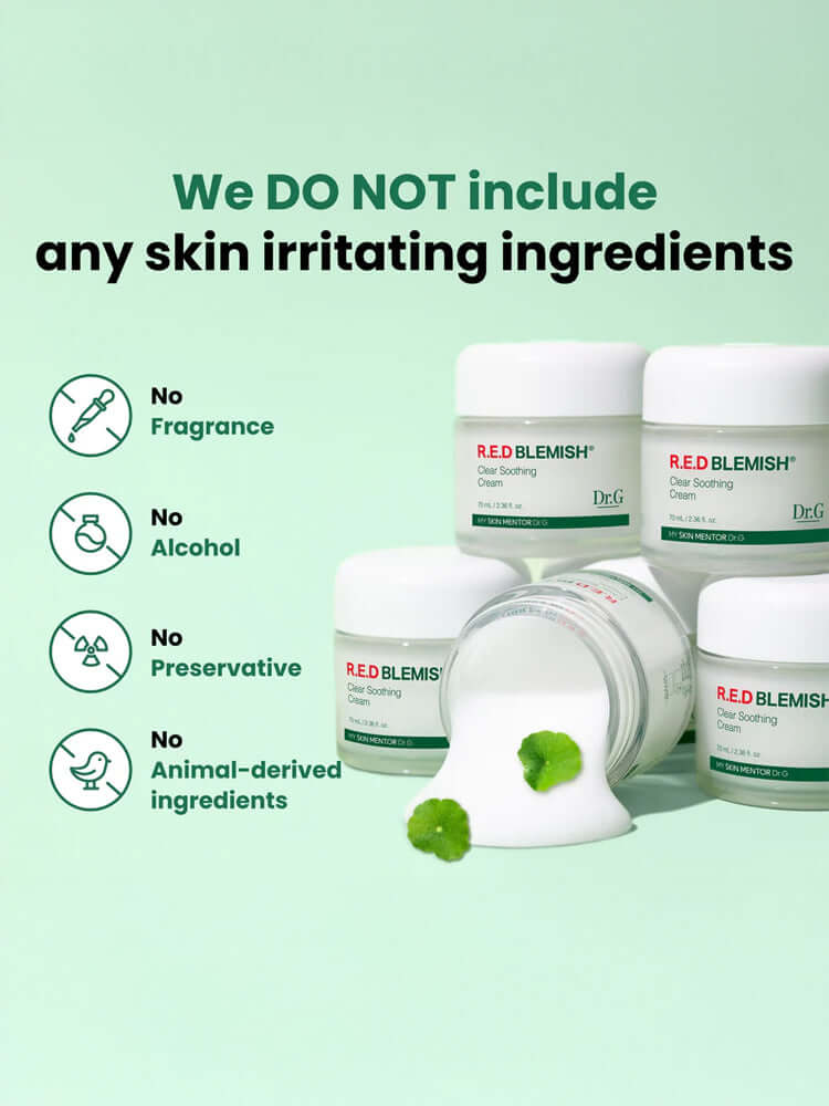 DR.G R.E.D Blemish Clear Soothing Cream 70ml highlighting absence of skin irritating ingredients like fragrance, alcohol, and preservatives.