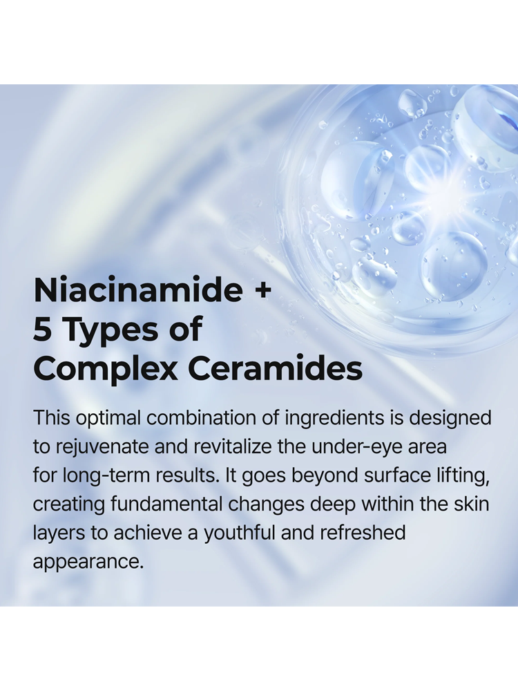 Dr.MELAXIN Eyephalt Eyebag Cream ingredients featuring Niacinamide and complex ceramides for under-eye rejuvenation.