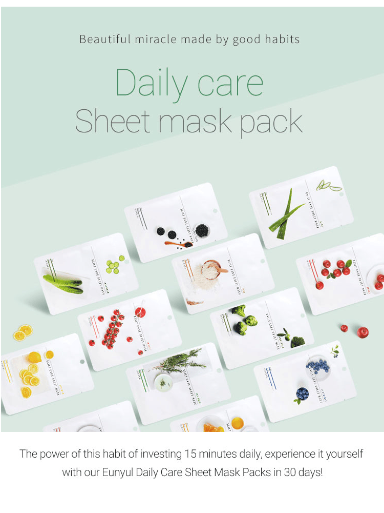 EUNYUL Daily Care Sheet Mask pack display featuring various options for daily skincare.