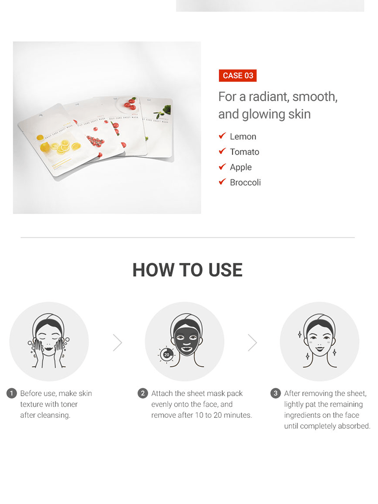 EUNYUL Daily Care Sheet Mask and usage instructions for radiant, smooth skin with natural ingredients like lemon, tomato, apple, and broccoli.