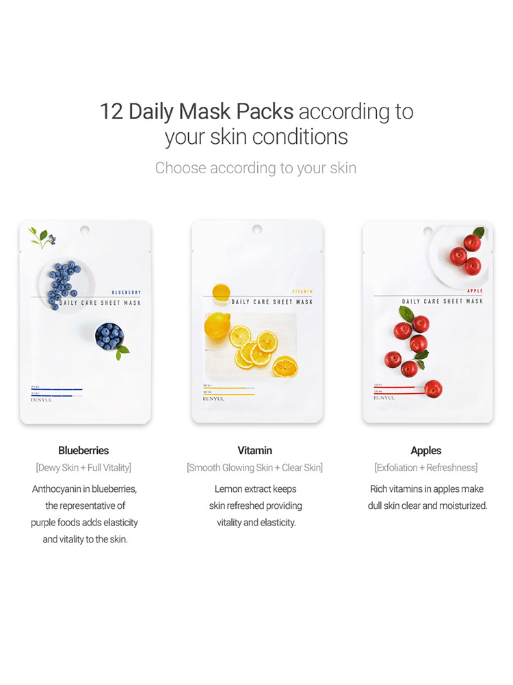 EUNYUL Daily Care Sheet Mask 12 daily mask packs for different skin conditions including blueberries, vitamin, and apples.