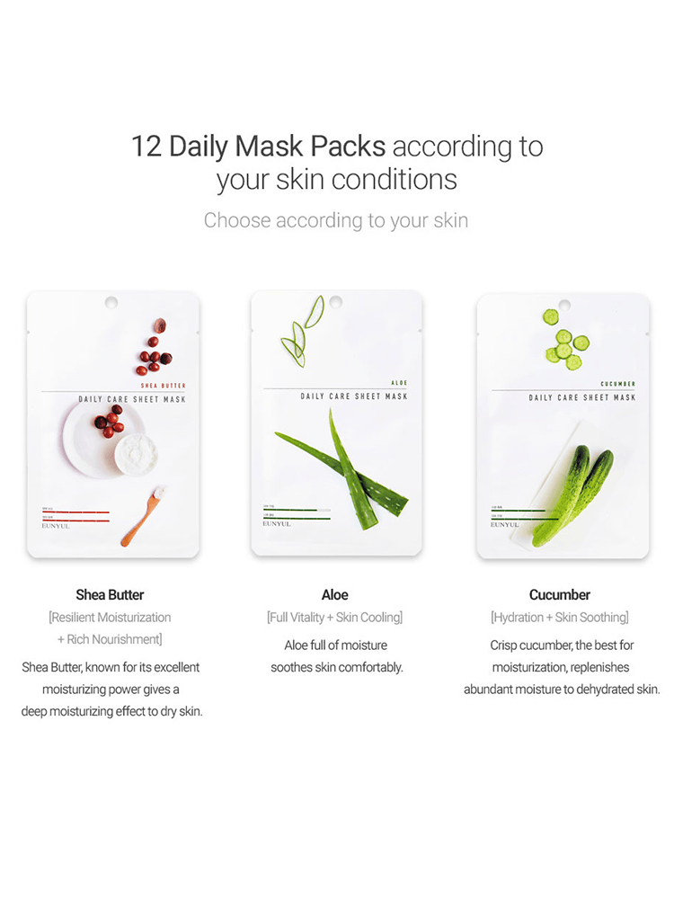 EUNYUL Daily Care Sheet Mask options: Shea Butter, Aloe, and Cucumber for tailored skin care.