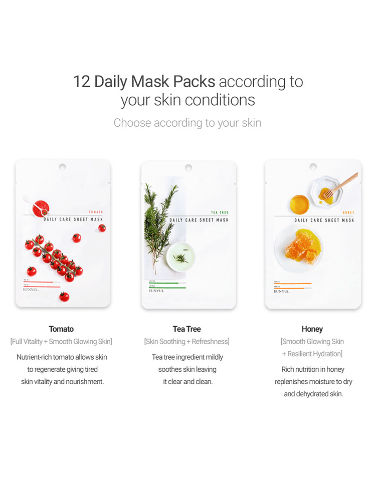 EUNYUL Daily Care Sheet Mask 12 Daily Mask Packs for various skin conditions including Tomato, Tea Tree, and Honey.