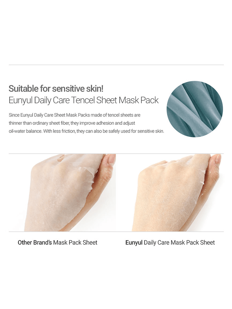 EUNYUL Daily Care Sheet Mask comparison with other brand's mask showing tencel sheet benefits for sensitive skin