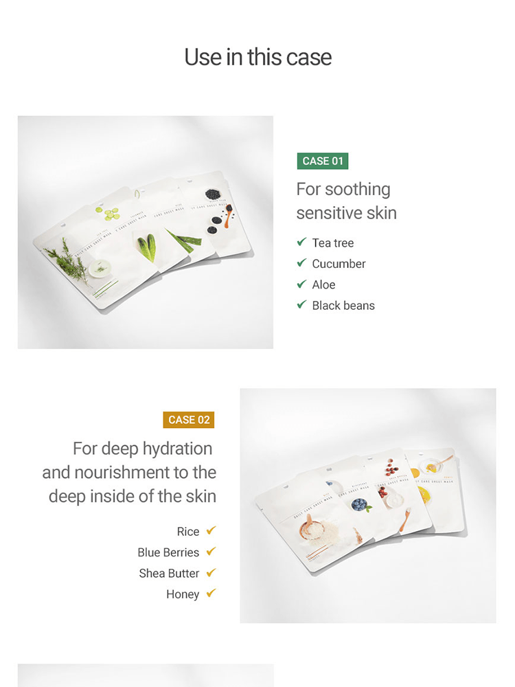 EUNYUL Daily Care Sheet Mask use cases showcasing ingredients for soothing sensitive skin and deep hydration.