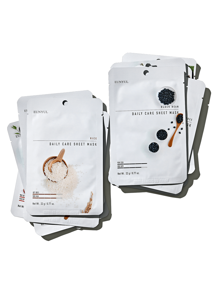 EUNYUL Daily Care Sheet Mask packets featuring different ingredients and minimalistic design for daily skin care.