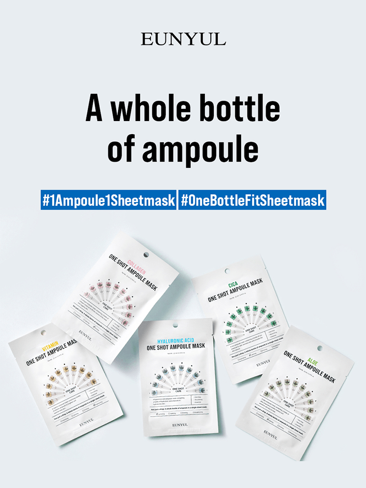 EUNYUL One Shot Ampoule Mask showcasing five varieties for hydration and skincare in a sleek pack.