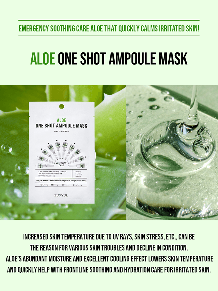 EUNYUL One Shot Ampoule Mask featuring Aloe for soothing and hydration on irritated skin.