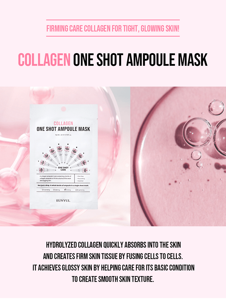EUNYUL One Shot Ampoule Mask packaging featuring collagen for firm skin care and a glowing finish.
