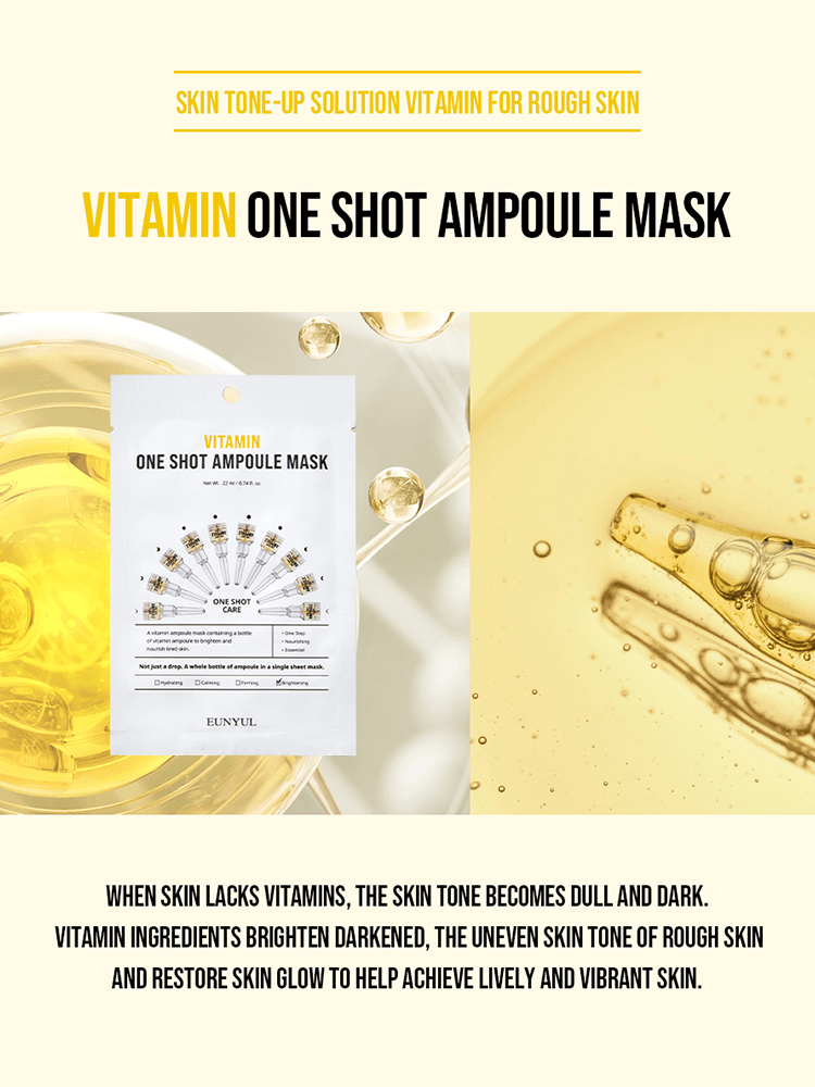 EUNYUL One Shot Ampoule Mask packaging featuring vitamin ingredients for brightening and vibrant skin.