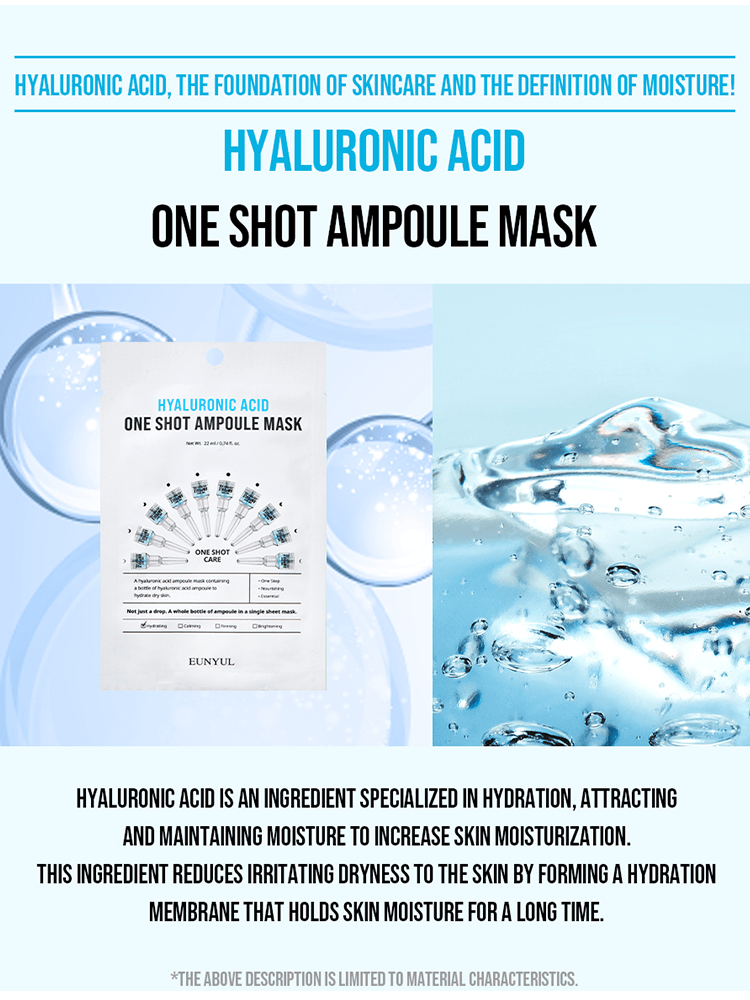 EUNYUL One Shot Ampoule Mask showcasing hydrating benefits with hyaluronic acid in a sleek, visually appealing design.