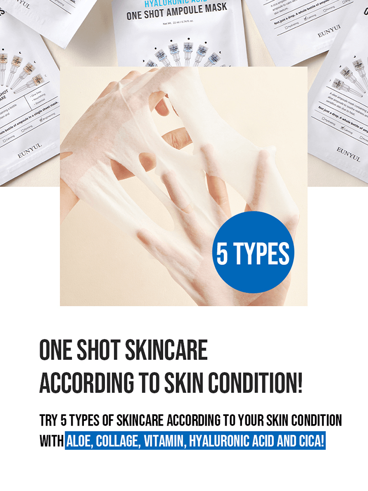 EUNYUL One Shot Ampoule Mask showcasing 5 types of skincare options for daily use and hydration.