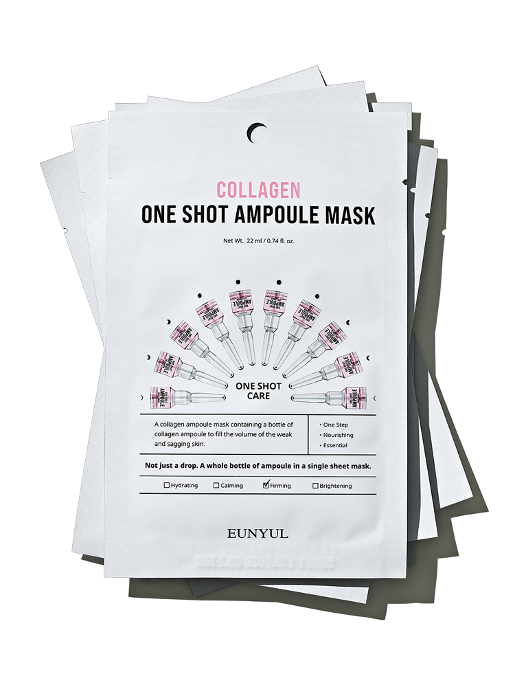 EUNYUL One Shot Ampoule Mask packaging showcasing collagen sheet masks for hydration and skin care.