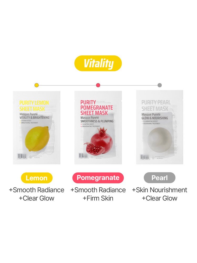 EUNYUL Purity Mask variety with Lemon, Pomegranate, and Pearl for skin radiance and nourishment.