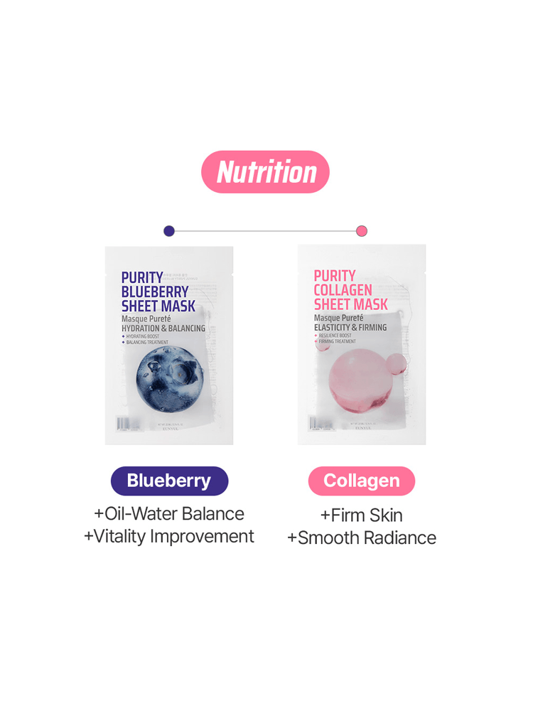 EUNYUL Purity Mask showcasing Blueberry and Collagen sheet masks for hydration and skin benefits.